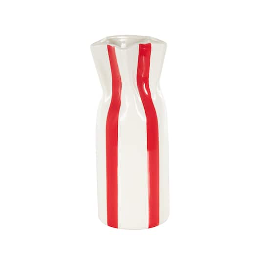 12" White & Red Stripes Round Decorative Ceramic Vase